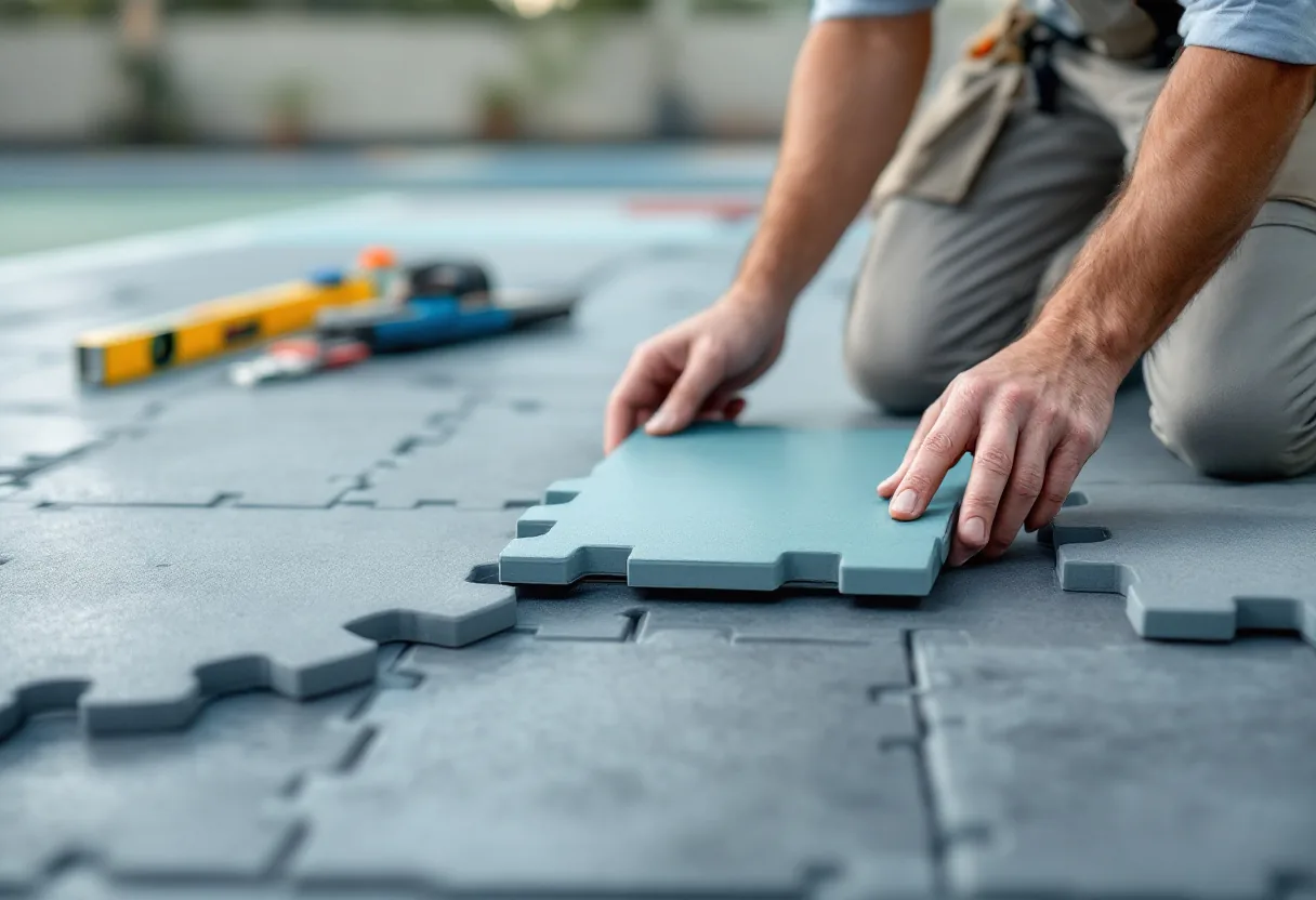 Modular snap-together pickleball court tiles being installed