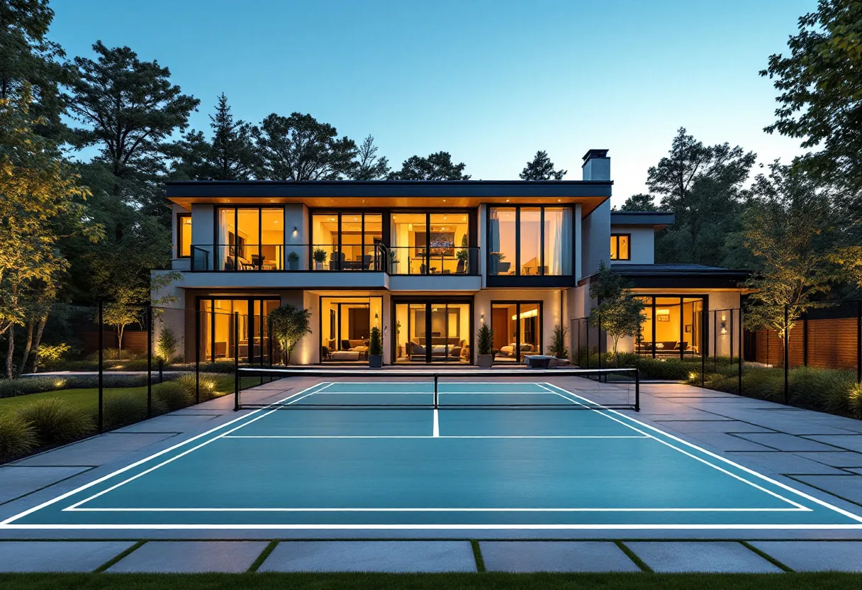 Backyard pickleball court with fencing and landscaping buffering the surroundings