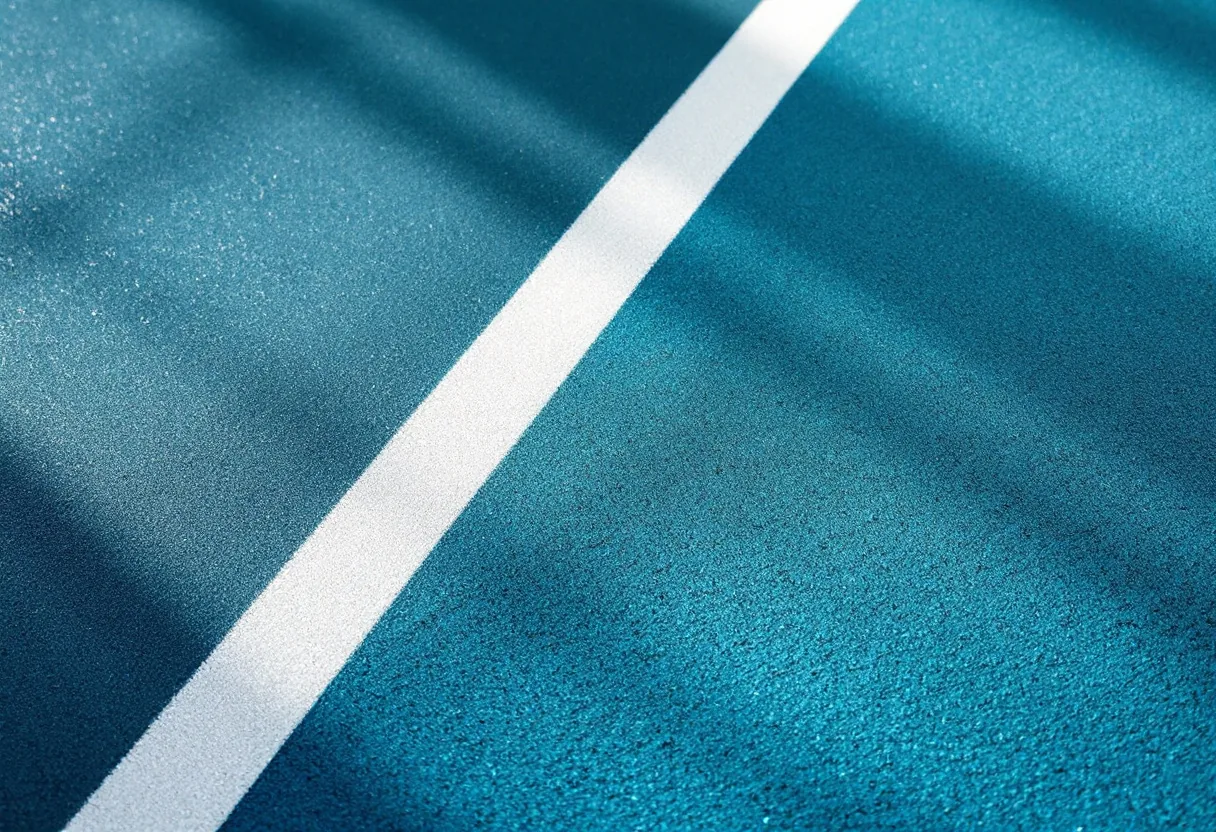 Close-up of a freshly applied acrylic pickleball court color coat and line
